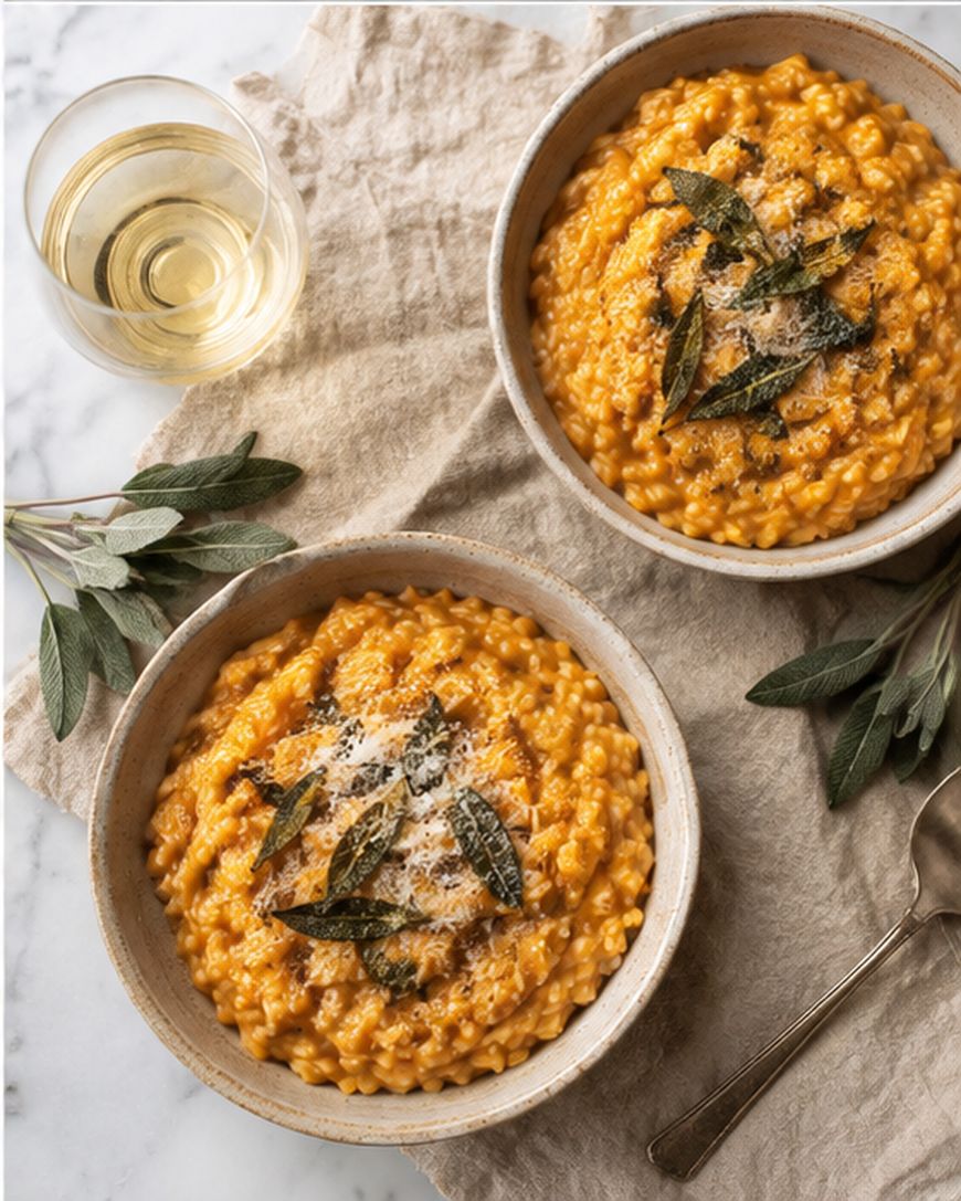 Two bowls of creamy pumpkin risotto topped with fried sage and grated cheese, served on a beige cloth with fresh sage sprigs, a glass of white wine, and a spoon nearby.