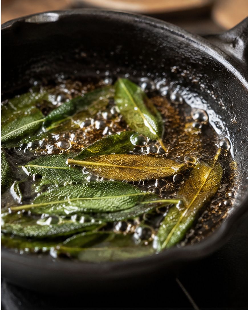 Fresh sage leaves frying in bubbling butter in a black cast iron skillet.