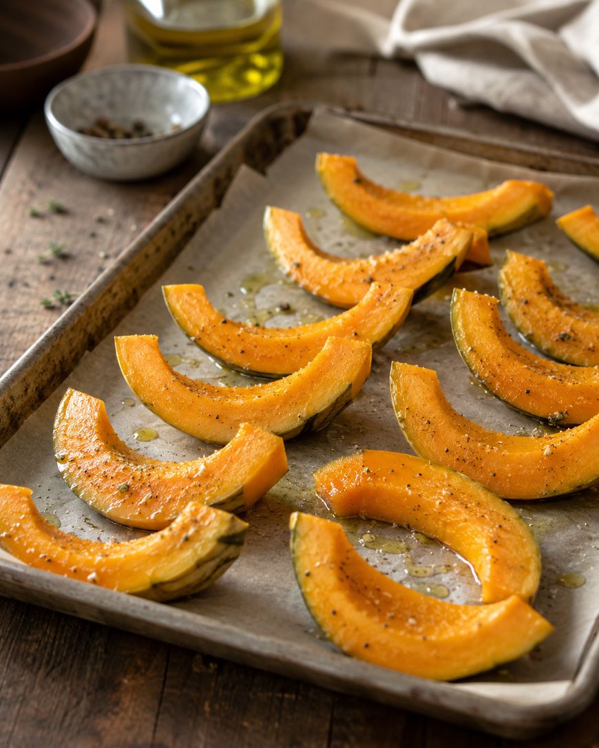 Sliced roasted squash arranged on a parchment-lined baking sheet, seasoned with pepper and drizzled with olive oil, on a wooden table.