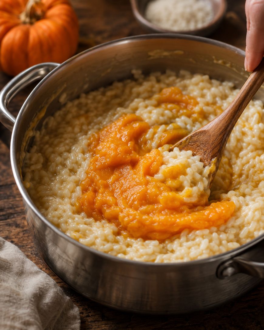 A hand stirs creamy risotto with orange pumpkin puree in a metal pot, with a small pumpkin and a bowl of grated cheese visible in the background on a wooden table.