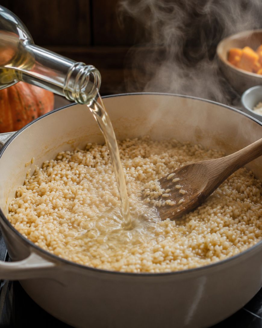 White wine is being poured into a pot of risotto while a wooden spoon stirs the mixture. Steam rises from the pot, and diced ingredients are visible in the background.