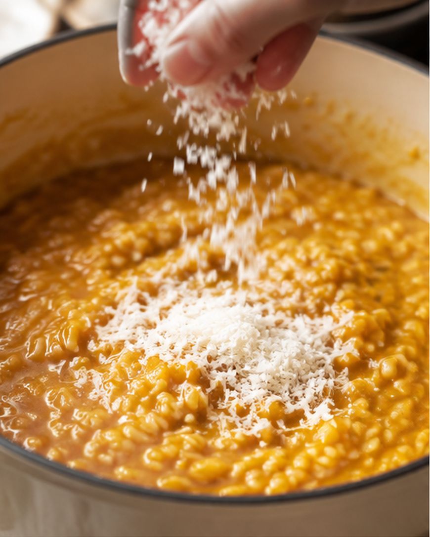 A hand sprinkles grated cheese over creamy orange risotto in a pot.