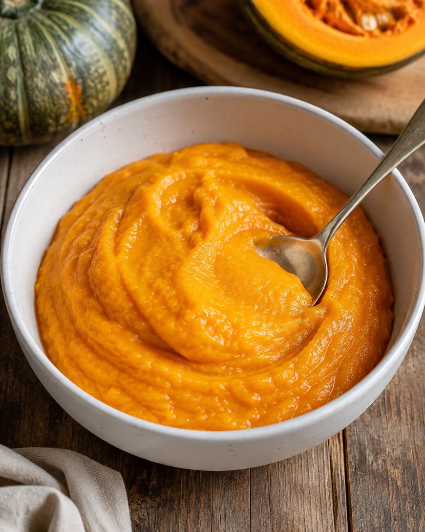 A white bowl filled with smooth orange pumpkin puree sits on a wooden table, with a spoon inside. A green pumpkin and a pumpkin slice are in the background.