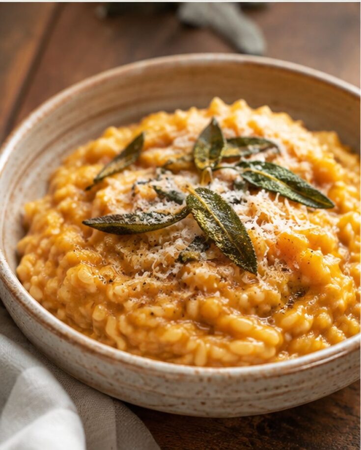 A bowl of creamy pumpkin risotto topped with crispy sage leaves and grated cheese sits on a wooden table, with a white cloth partially visible in the corner.
