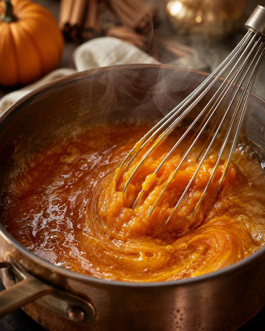 A metal whisk stirs thick pumpkin puree in a steaming copper saucepan, with a pumpkin and cinnamon sticks in the background.