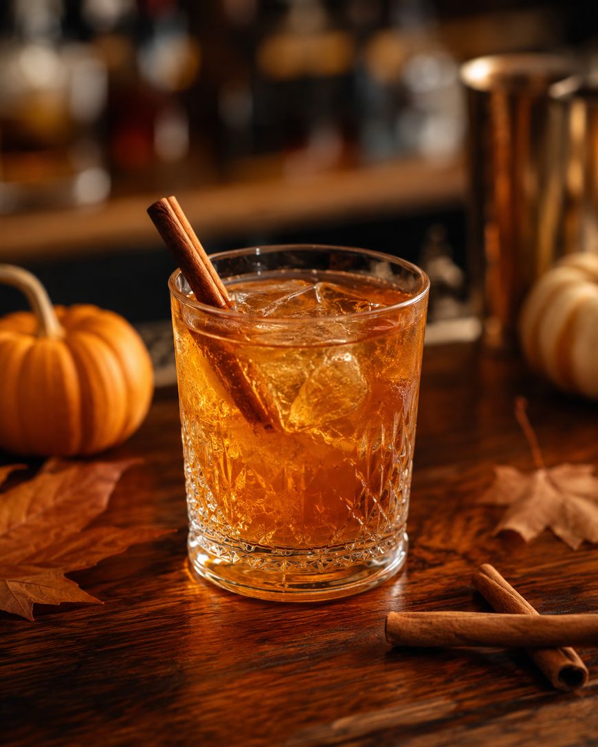 A glass of iced brown cocktail garnished with a cinnamon stick sits on a wooden table, surrounded by autumn leaves, cinnamon sticks, and small pumpkins, evoking a cozy fall atmosphere.