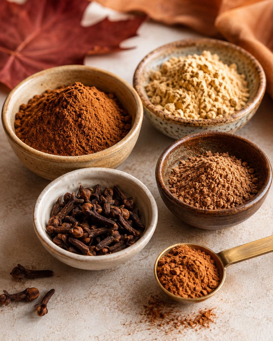 Five bowls and a spoon filled with various ground spices and whole cloves are arranged on a light surface, with a decorative autumn leaf and orange cloth in the background.