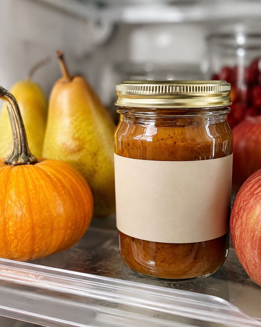 A jar with a blank label sits in a refrigerator, surrounded by a small pumpkin, pears, an apple, and a jar of red berries.