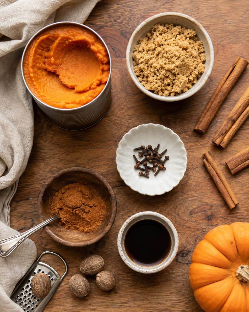 Overhead view of pumpkin puree, brown sugar, cinnamon sticks, cloves, ground cinnamon, nutmeg, vanilla extract, and a small pumpkin on a wooden surface. Ingredients are arranged neatly with a linen cloth on the side.