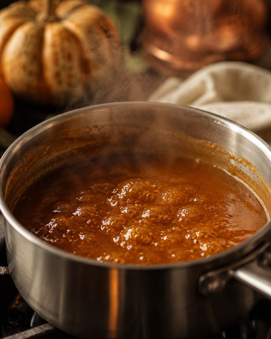 A steaming pot of thick, brown stew or chili simmers on the stove, with visible bubbles. A pumpkin and a cloth can be seen in the blurred background.