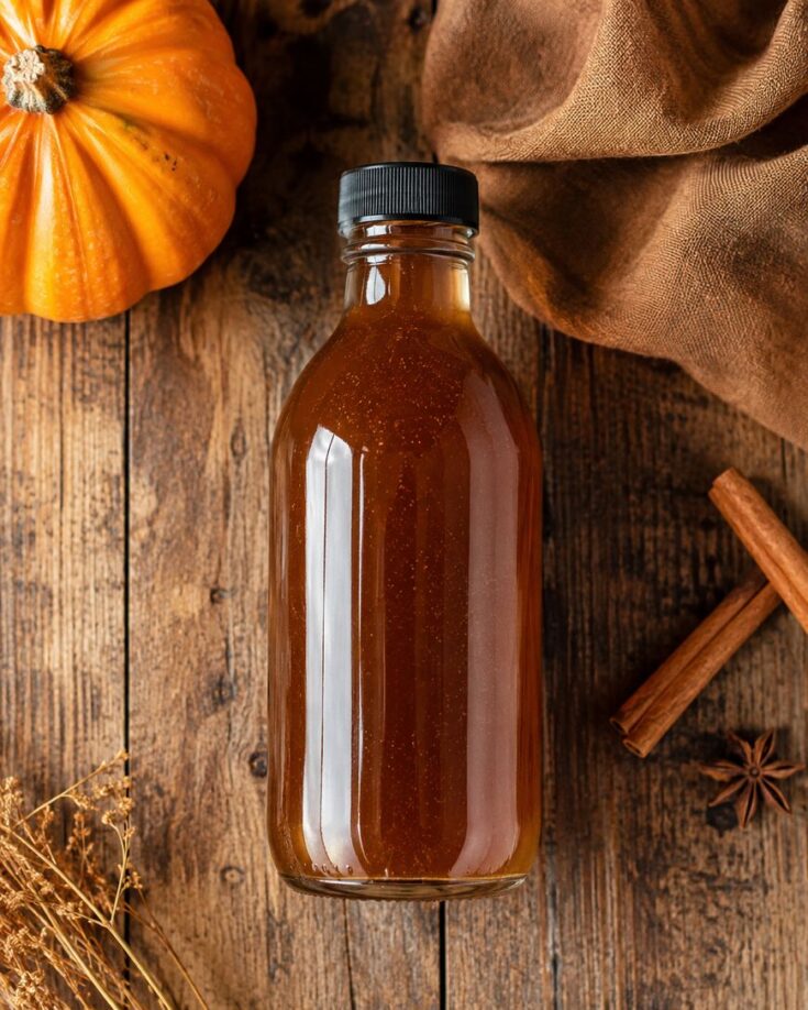 A glass bottle filled with brown liquid sits on a wooden table, surrounded by a pumpkin, brown cloth, cinnamon sticks, and dried herbs.