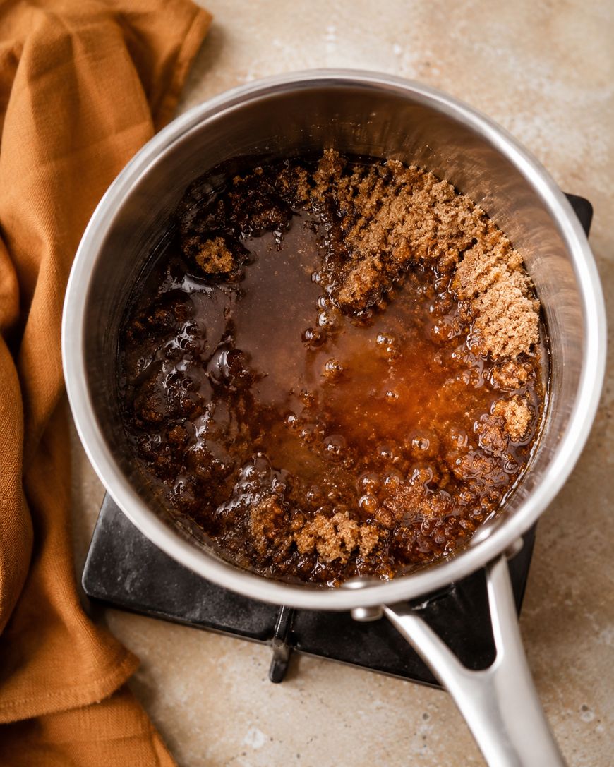 A stainless steel pot containing melting brown sugar sits on a stovetop, with a tan cloth nearby on a light surface.