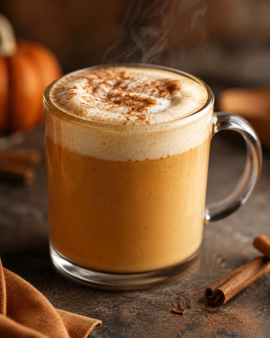A glass mug of frothy pumpkin spice latte topped with cinnamon, with steam rising. Cinnamon sticks and a small pumpkin sit nearby on a warm, brown-toned surface.