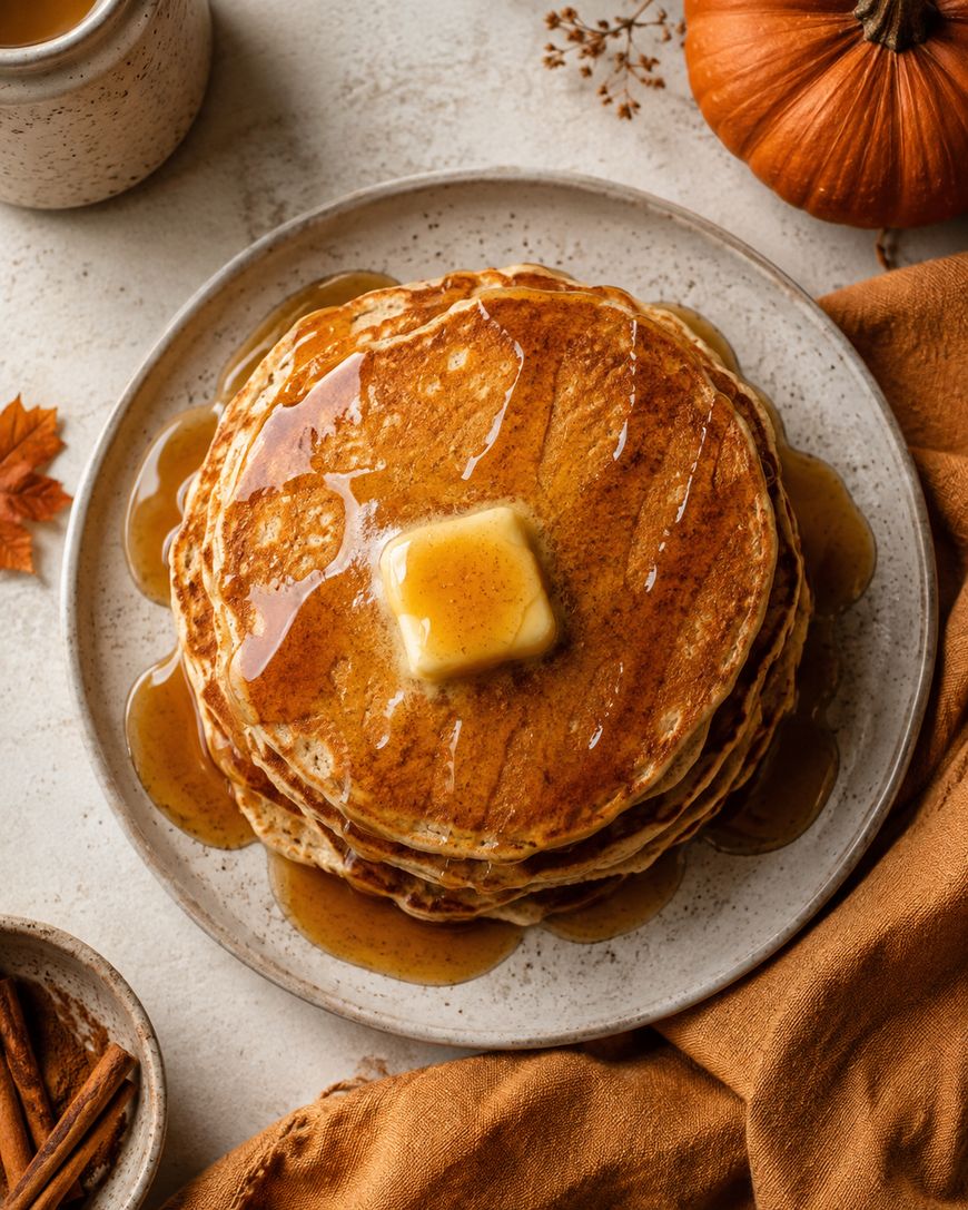 A stack of pancakes topped with a pat of butter and syrup sits on a plate. Nearby are a pumpkin, a cup, cinnamon sticks, and a brown cloth, creating an autumnal breakfast scene.