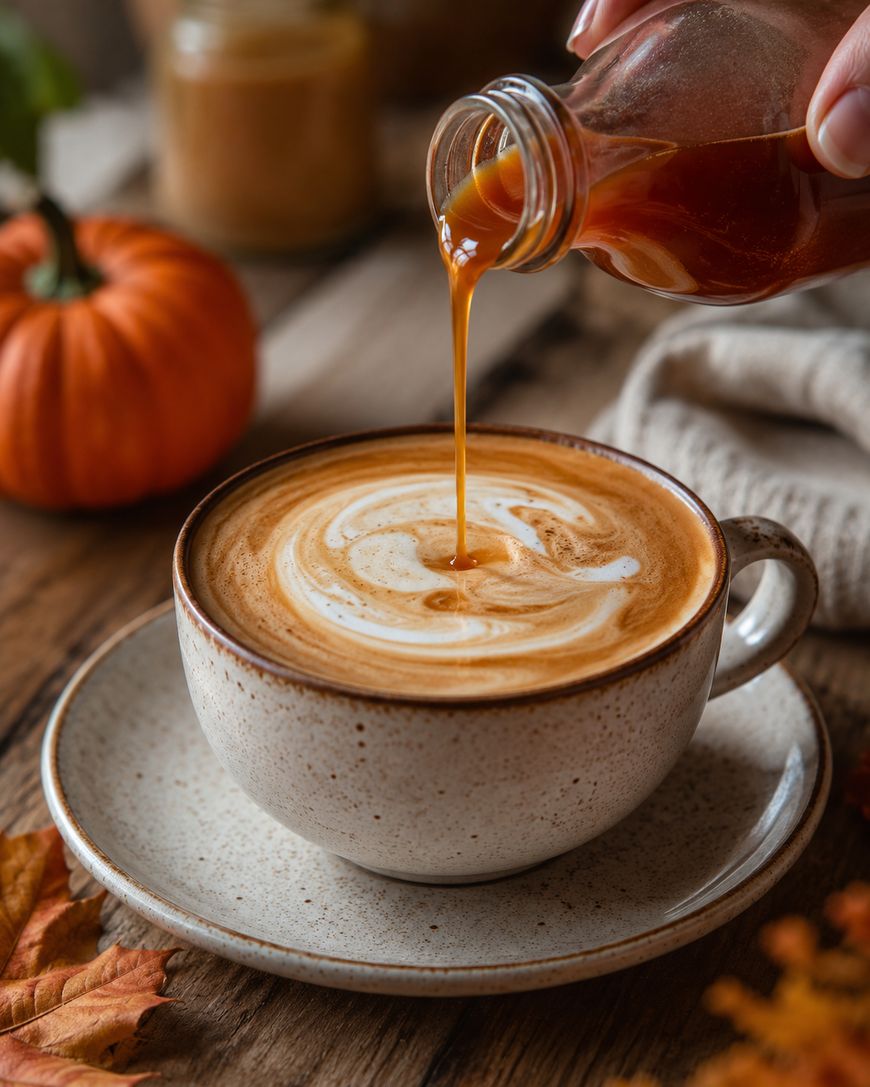A hand pours syrup into a latte in a ceramic cup on a saucer, with a small pumpkin and autumn leaves in the background on a wooden table.