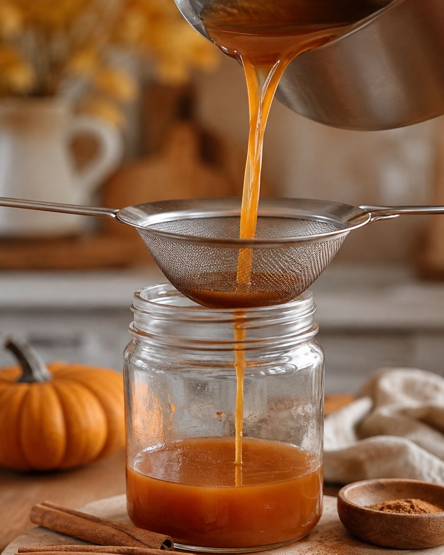 Caramel-colored liquid is poured from a pot through a metal strainer into a glass jar. A small pumpkin, cinnamon sticks, and brown sugar are nearby on a wooden surface.