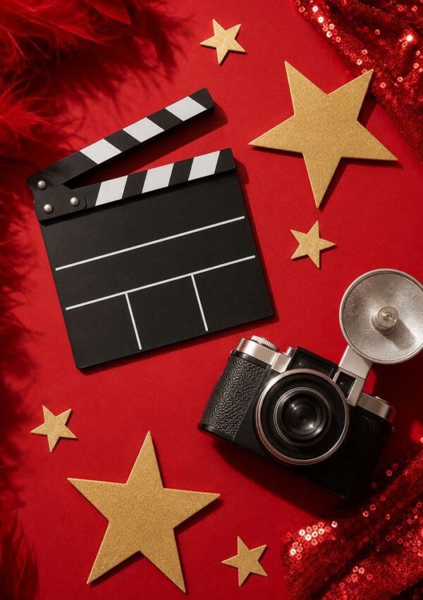 A vintage camera, a film clapperboard, and gold stars are arranged on a red background with red feathers and sequins, evoking a Hollywood or movie award theme.