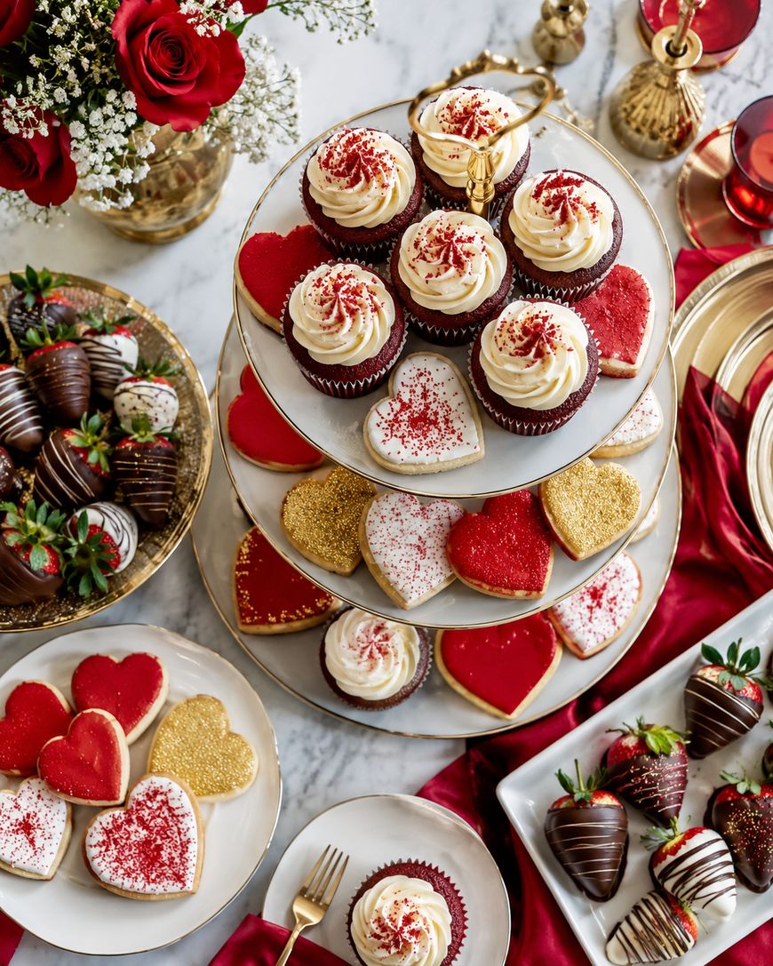 A tiered tray holds heart-shaped cookies and cupcakes with red sprinkles, surrounded by chocolate-covered strawberries and festive Valentines Day decor on a marble table with red roses and a red satin cloth.