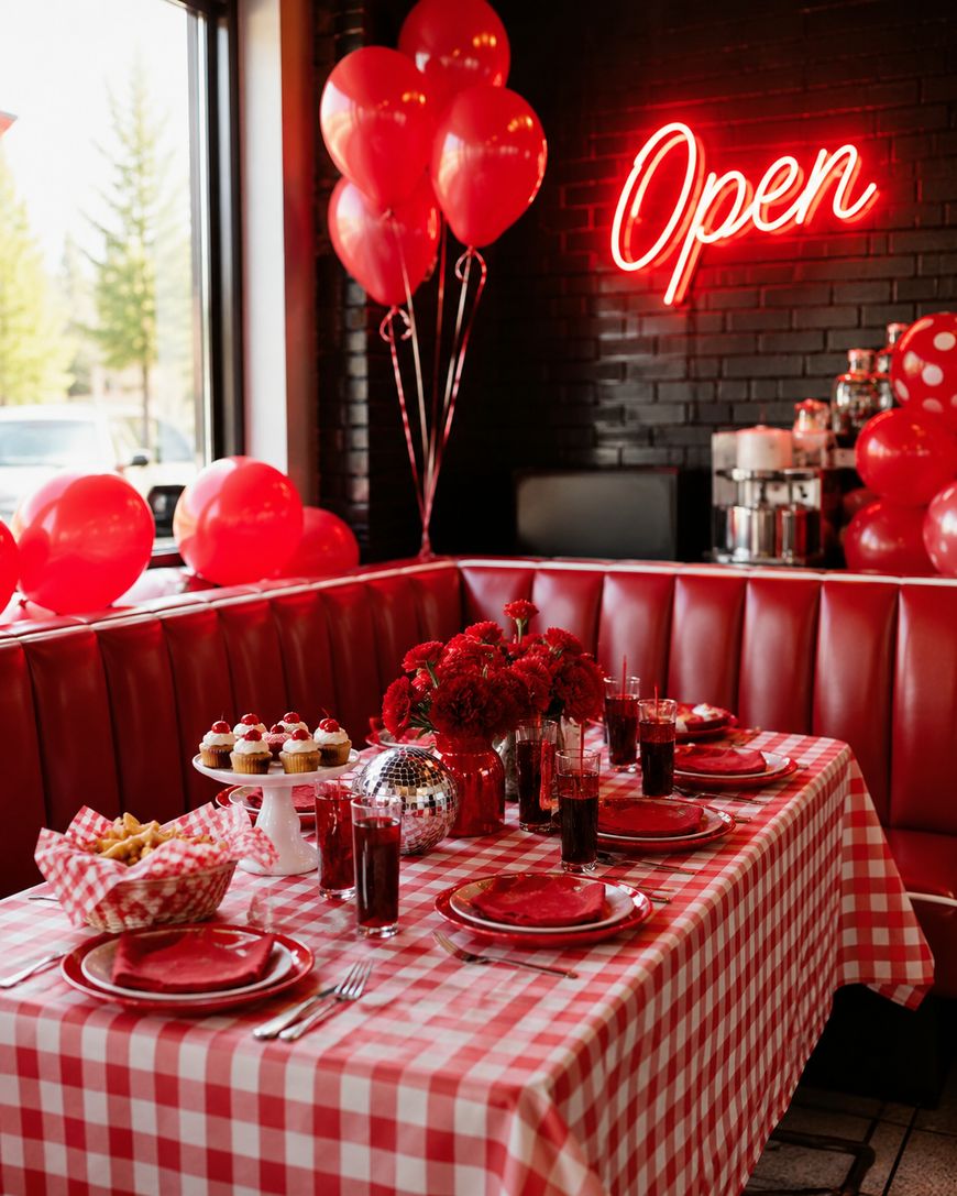 A red-themed diner booth with checkered tablecloth, red plates, flowers, desserts, and drinks set for a party. Red balloons and a neon Open sign decorate the space.