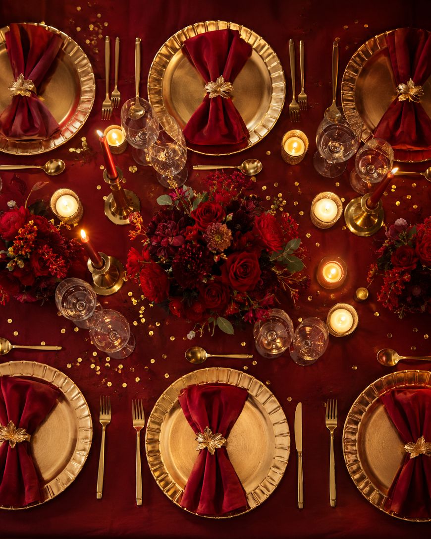 Elegant table setting with gold plates, red napkins with brooches, floral centerpieces, candles, and scattered gold confetti on a deep red tablecloth. Four place settings are visible.