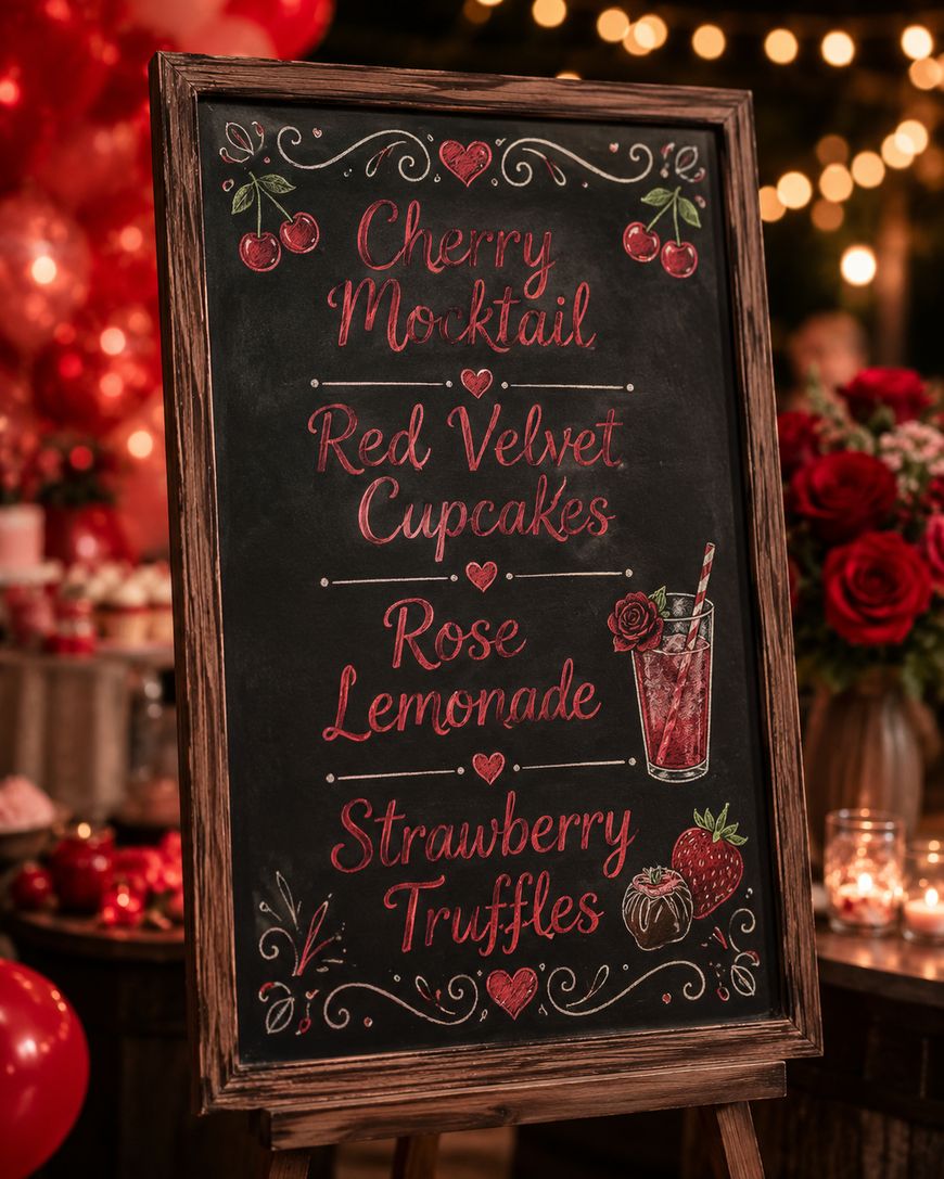 A chalkboard menu lists Cherry Mocktail, Red Velvet Cupcakes, Rose Lemonade, and Strawberry Truffles, with decorative red and pink drawings, surrounded by red balloons and flowers in a warmly lit setting.