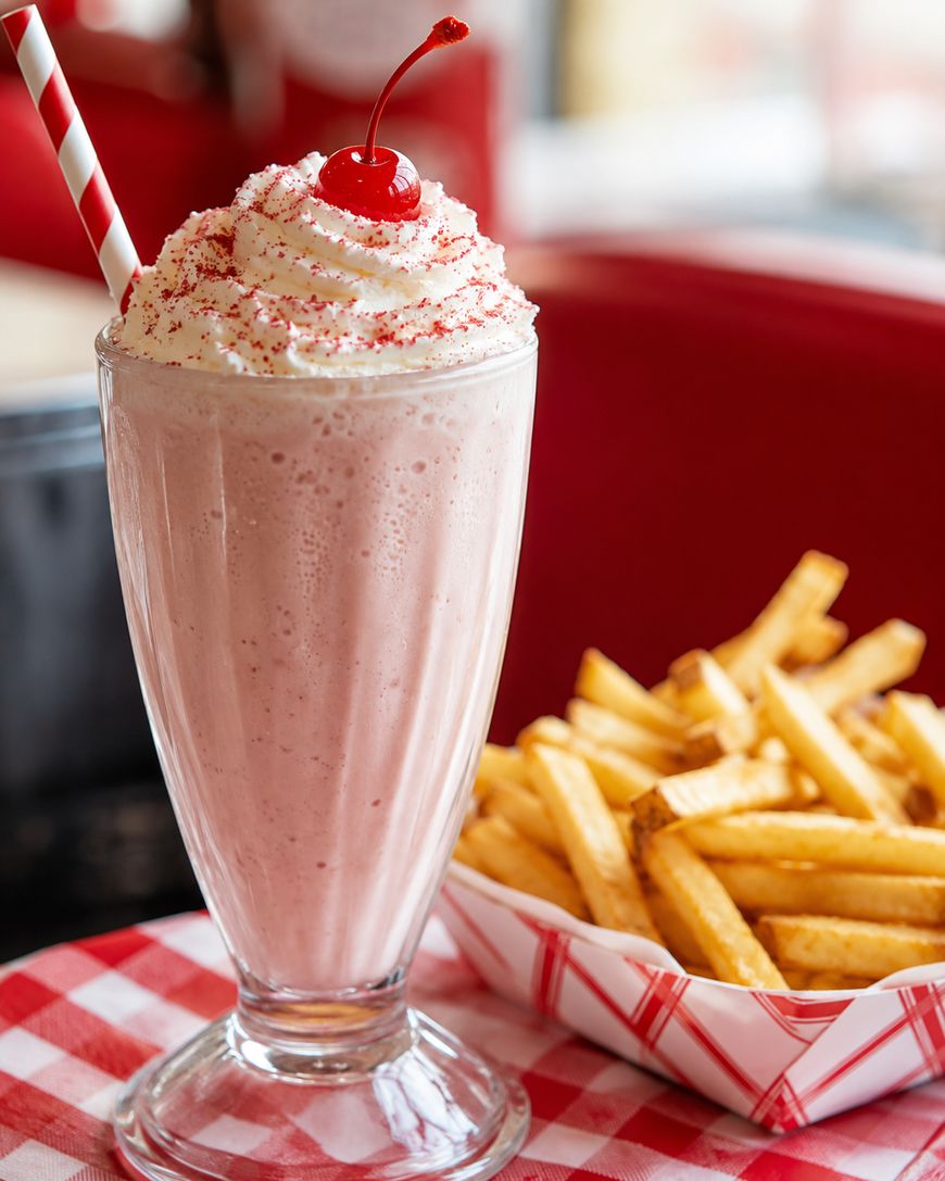 A tall glass of pink milkshake topped with whipped cream and a cherry, with a red-striped straw, sits next to a container of French fries on a red and white checkered tablecloth.