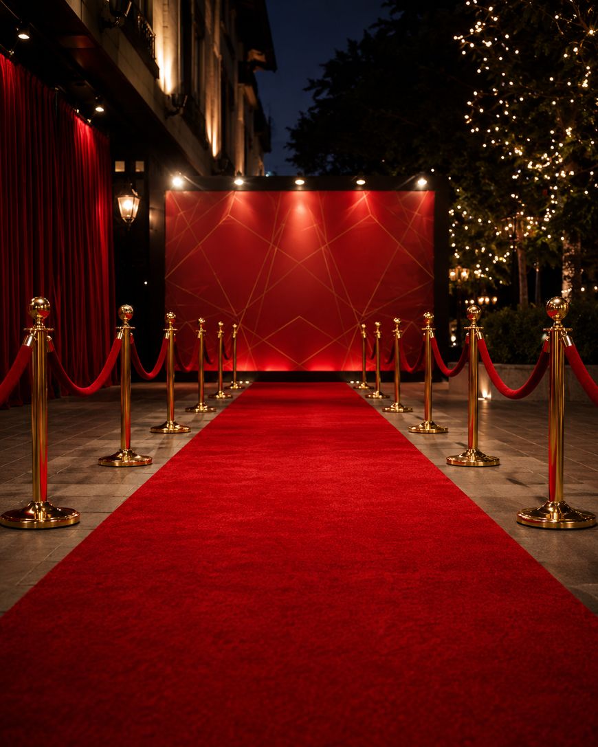 A red carpet lined with gold stanchions and red ropes leads to a red backdrop at night, with string lights in the trees and elegant buildings in the background.