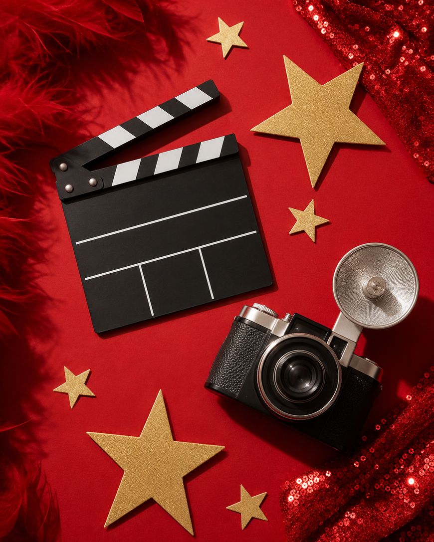 A vintage camera, film clapperboard, and gold stars are arranged on a red background with red feathers, evoking a Hollywood or movie-themed scene.