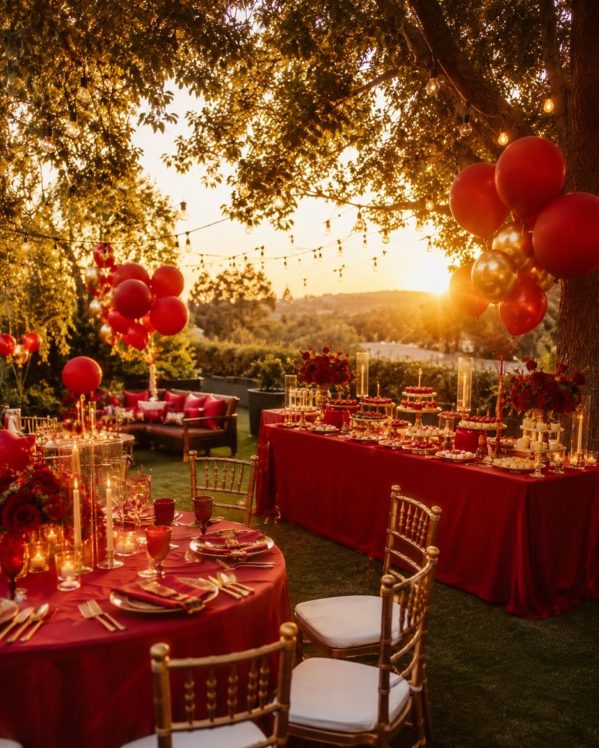 An outdoor party setup at sunset features red tablecloths, red and gold balloons, floral arrangements, candles, and gold chairs under string lights, creating an elegant, festive atmosphere.