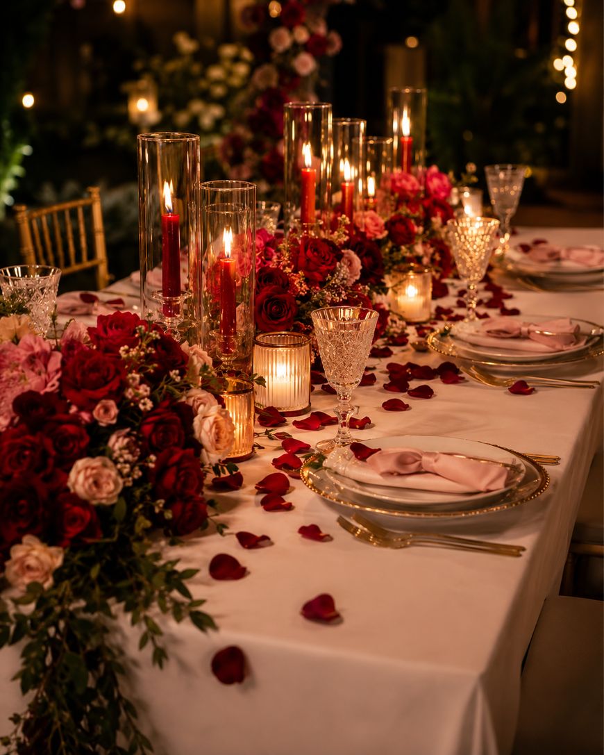 Elegant dinner table with red candles, crystal glasses, gold utensils, and plates with pink napkins. Red and pink roses and rose petals decorate the white tablecloth. Soft, warm lighting creates a romantic atmosphere.