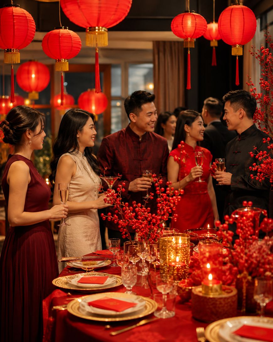A group of people in elegant attire gather around a festive dinner table decorated with red flowers and lanterns, celebrating an occasion with drinks and conversation.