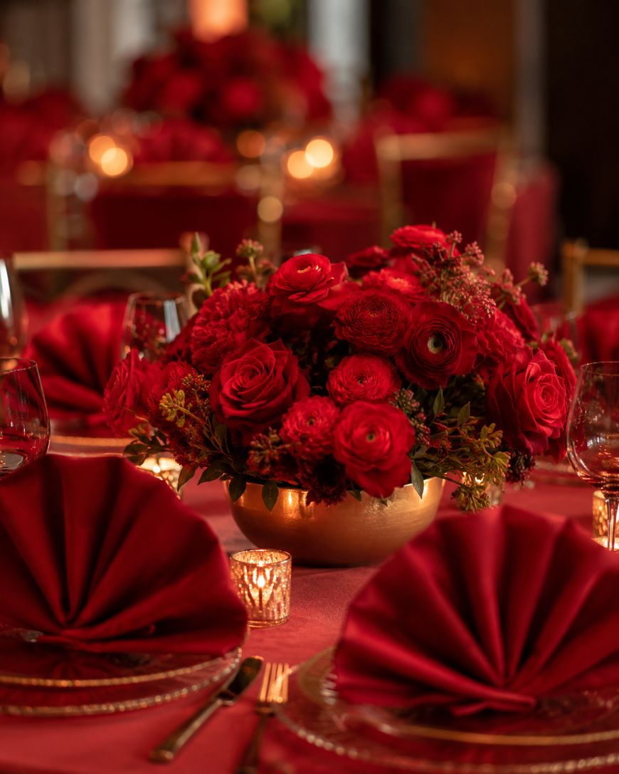 A gold vase filled with red roses and flowers sits on a table with red folded napkins, glass plates, and small lit candles, creating an elegant, romantic atmosphere.