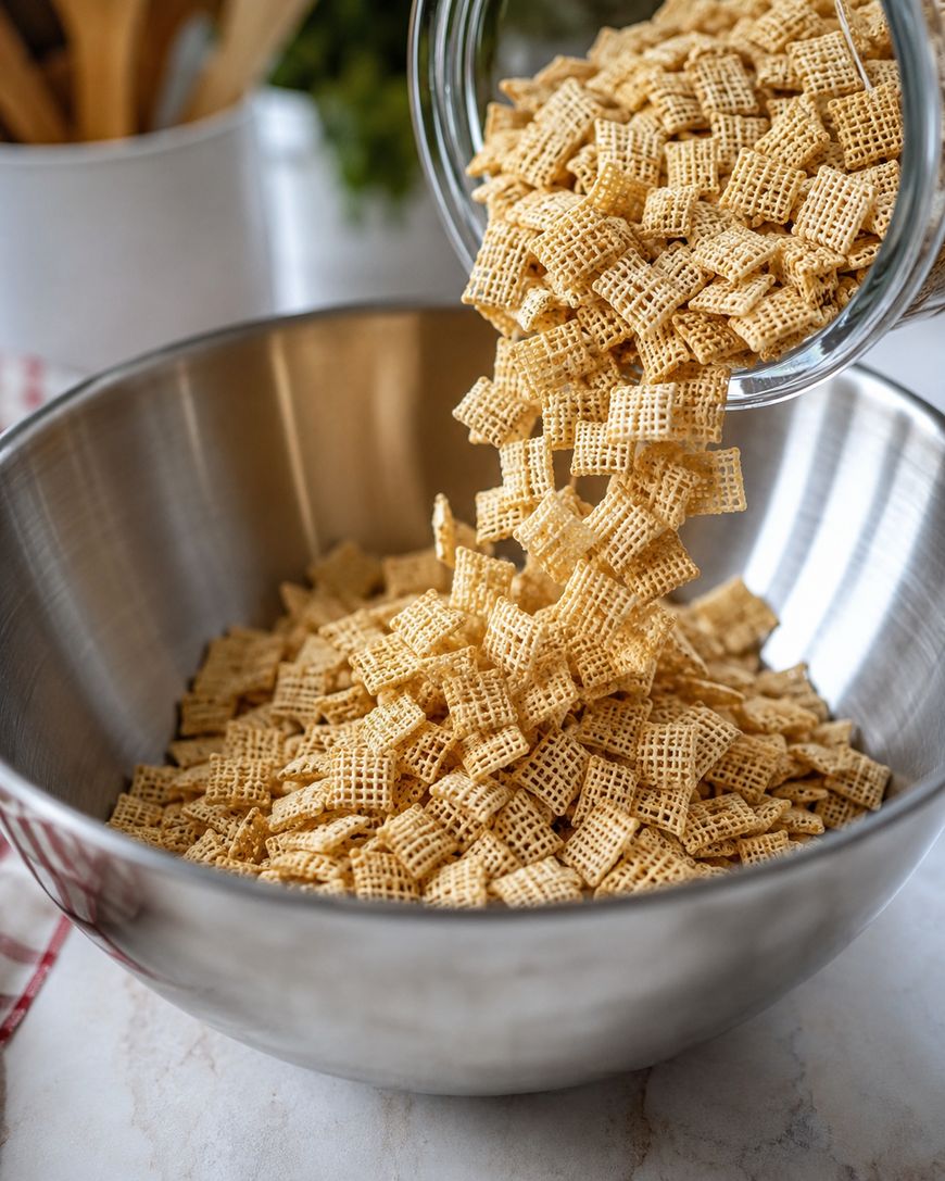 A glass container pours square cereal pieces into a large stainless steel mixing bowl on a kitchen counter.