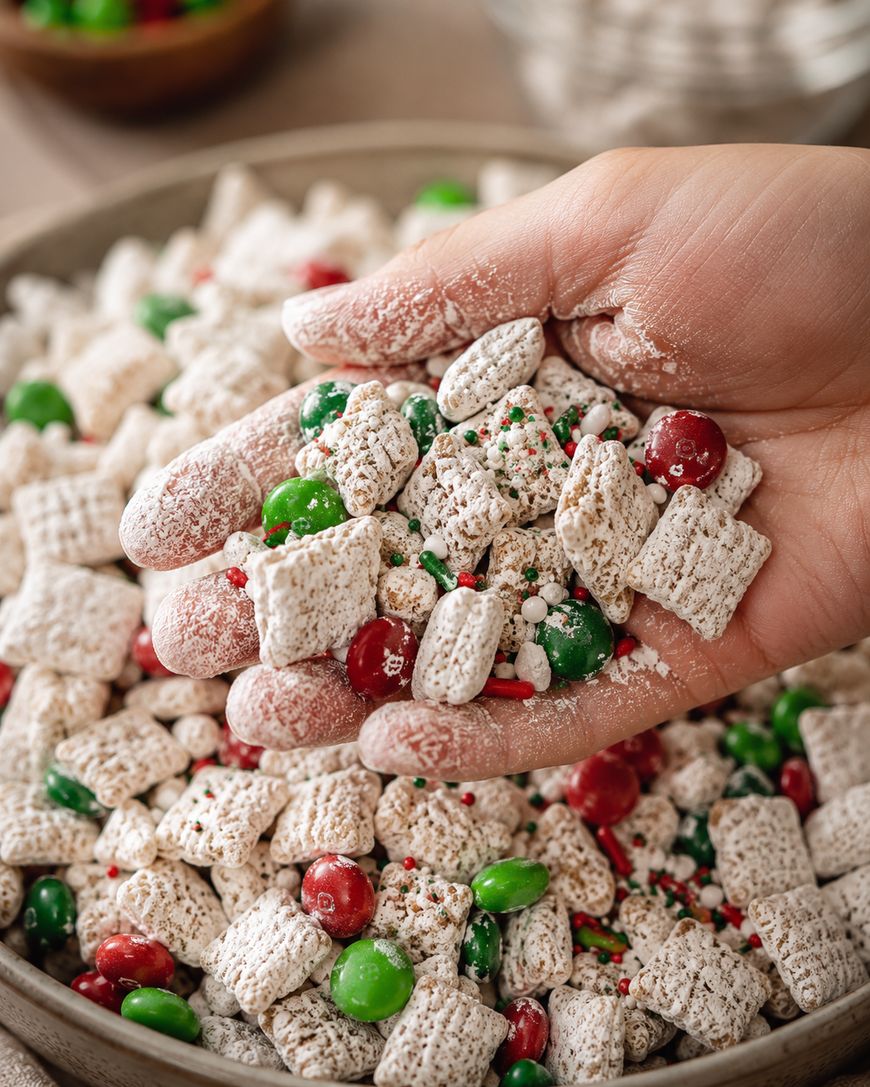 A hand holding a handful of holiday-themed snack mix with powdered sugar, red and green candy-coated chocolates, and square cereal pieces. The snack is in a large bowl.
