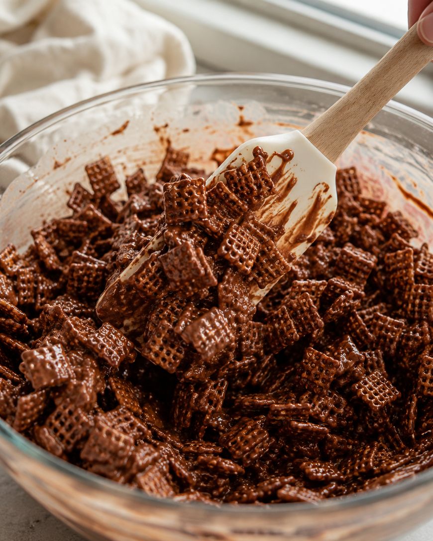 A glass bowl filled with square cereal pieces coated in melted chocolate, being stirred with a white spatula.