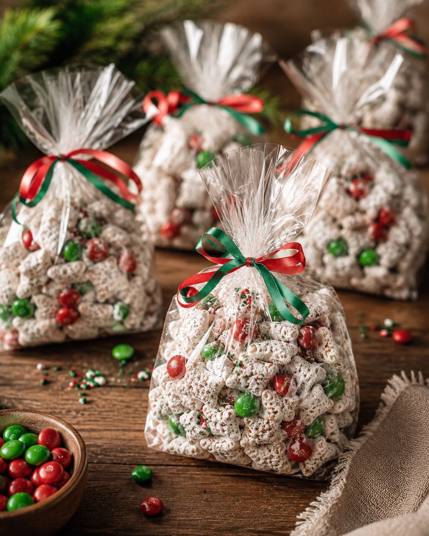 Clear bags filled with holiday snack mix, containing powdered cereal and red and green candies, are tied with festive ribbons and arranged on a wooden surface. A small bowl of candies sits nearby.