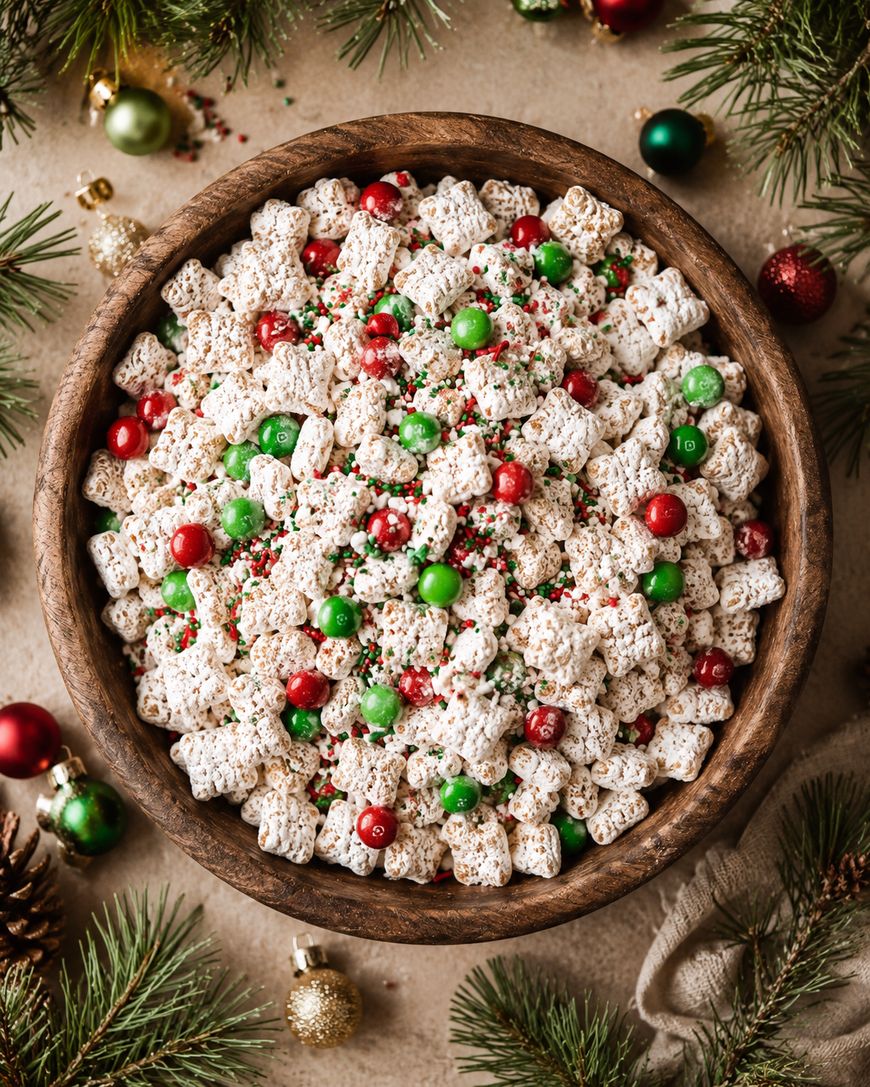 A wooden bowl filled with powdered sugar-coated cereal, red and green chocolate candies, and festive sprinkles, surrounded by Christmas ornaments and pine branches.