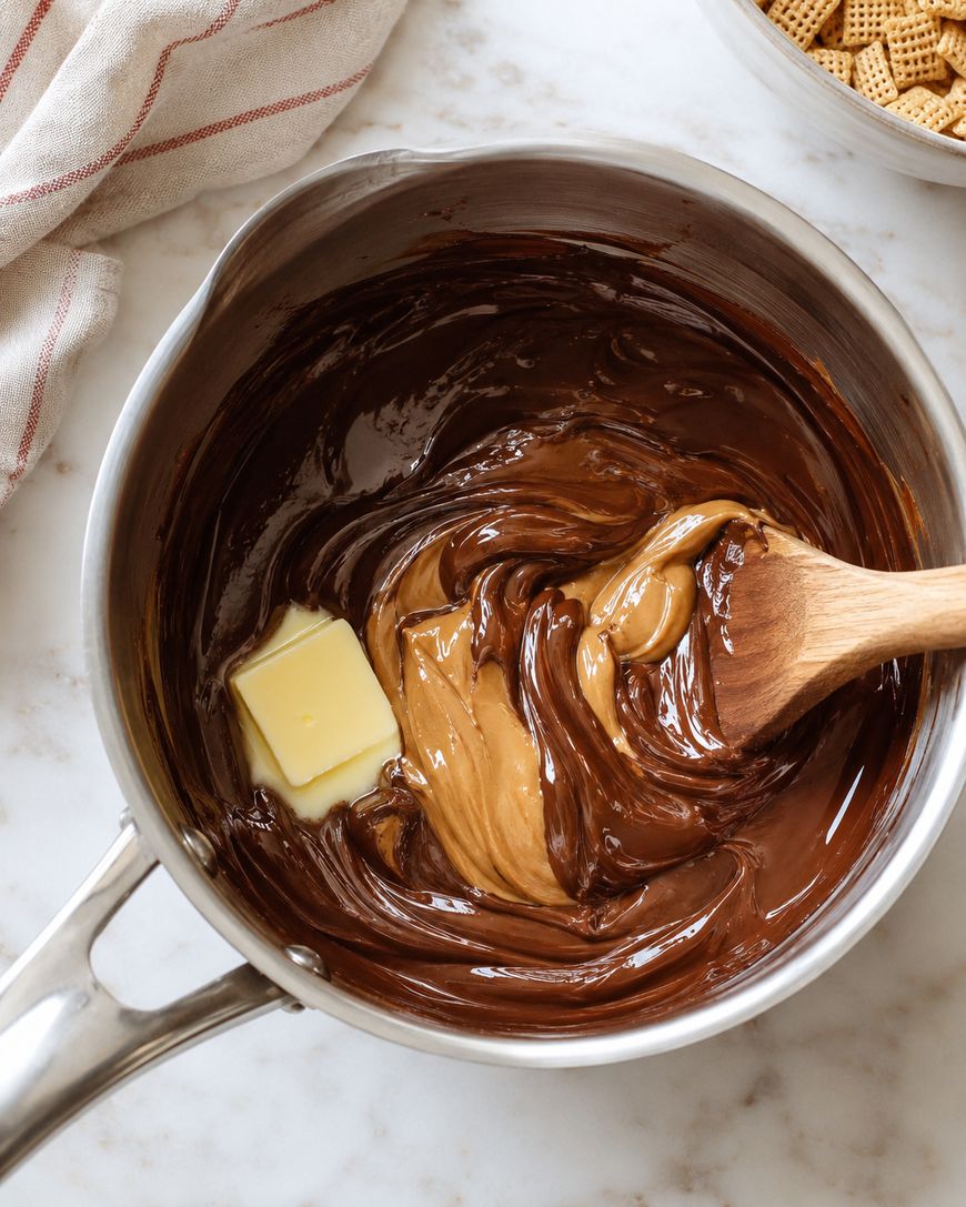 A saucepan with melted chocolate, peanut butter, and a pat of butter being stirred with a wooden spoon. Chex cereal and a striped towel are nearby on a marble countertop.