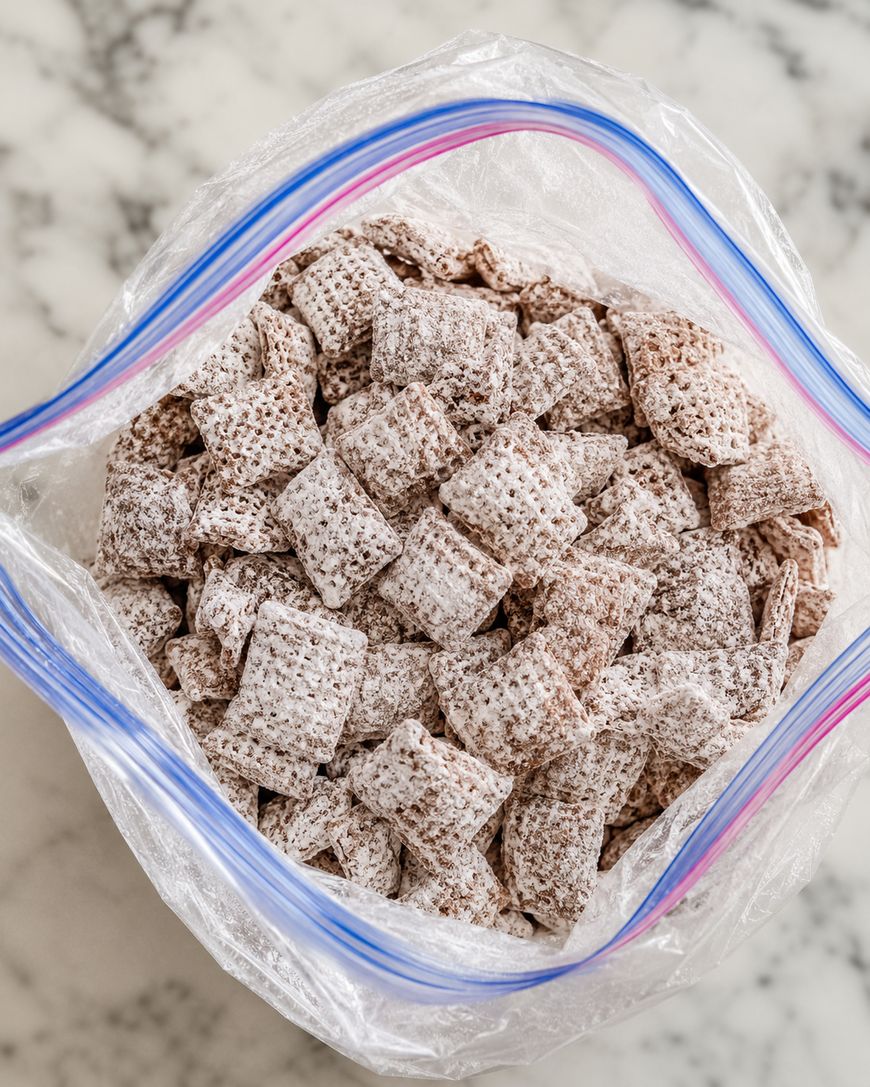 Open plastic bag filled with powdered sugar-coated cereal squares, resembling homemade puppy chow or muddy buddies, on a marble surface.