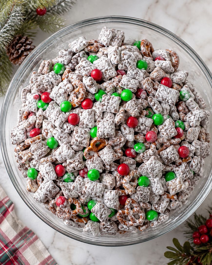 A glass bowl filled with powdered sugar-coated cereal, pretzels, and red and green chocolate candies, sits on a marble surface with festive pine branches and plaid fabric nearby.