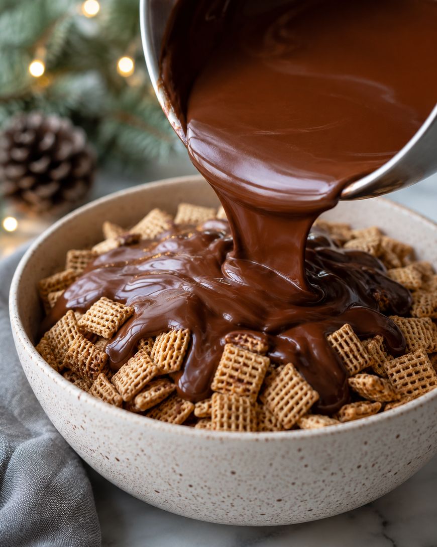 A bowl of square cereal pieces with melted chocolate being poured over them. A pine cone and tree branches are blurred in the background.