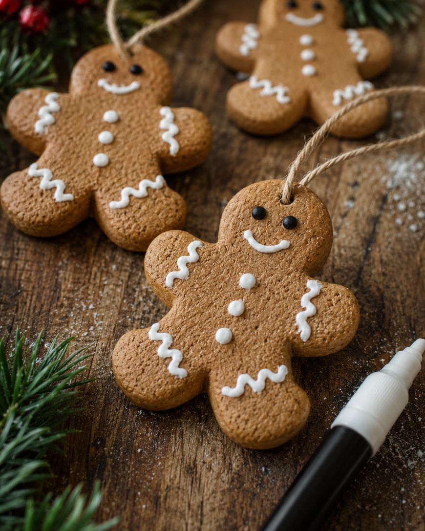 Three decorated gingerbread cookies shaped like people lie on a wooden surface with a white icing tube nearby. The cookies have smiling faces and are surrounded by green fir branches.