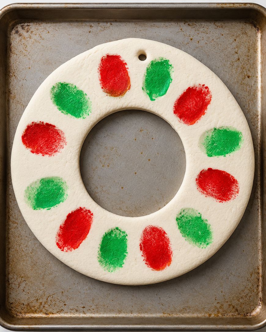 A round salt dough ornament with a hole at the top, decorated with red and green fingerprint marks, sits on a metal baking sheet.