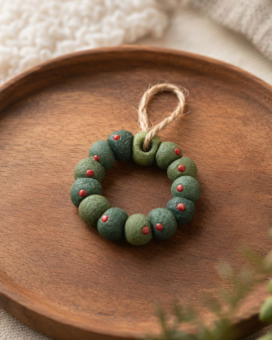 A small wreath made of green beads with red dots, tied with a twine loop, sits on a round wooden plate.