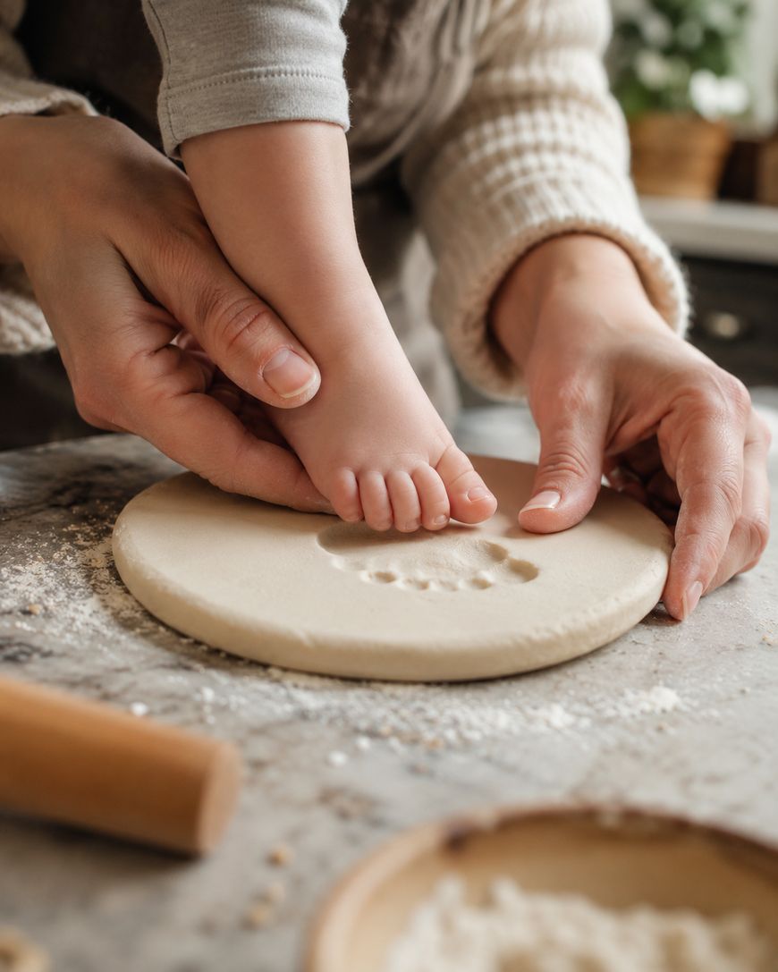 An adult presses a babys foot into soft clay to make a footprint impression. Flour and baking tools are visible on the table.