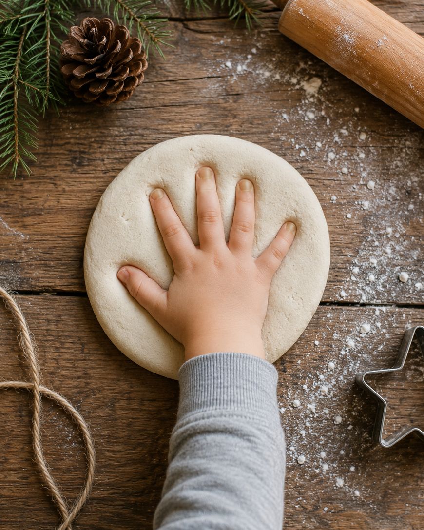 A childs hand presses into round dough on a wooden table, surrounded by flour, a rolling pin, pinecone, twine, and a star cookie cutter.