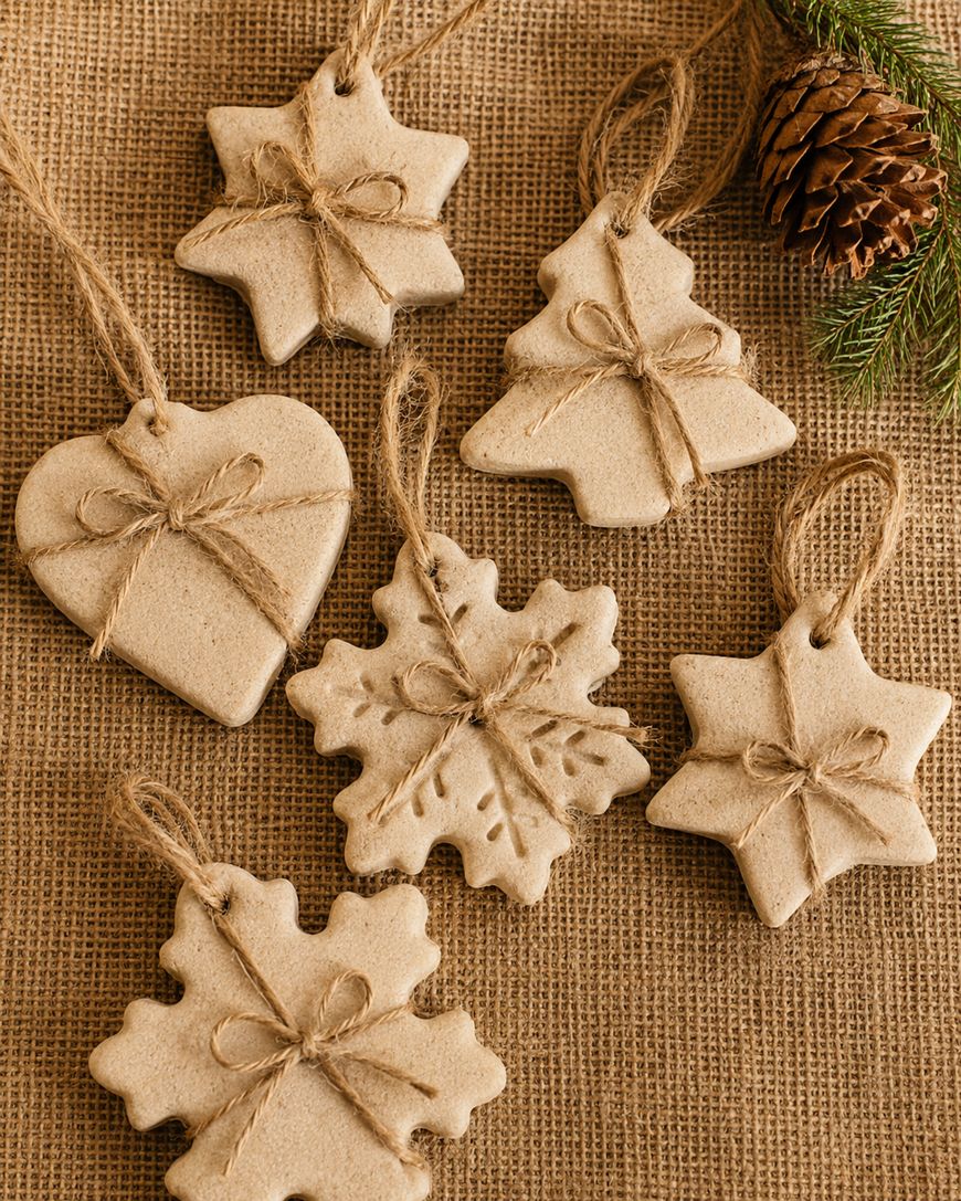 Six rustic salt dough ornaments—three snowflakes, two stars, and a heart—tied with twine bows are displayed on burlap, with a pinecone and evergreen branch in the corner.