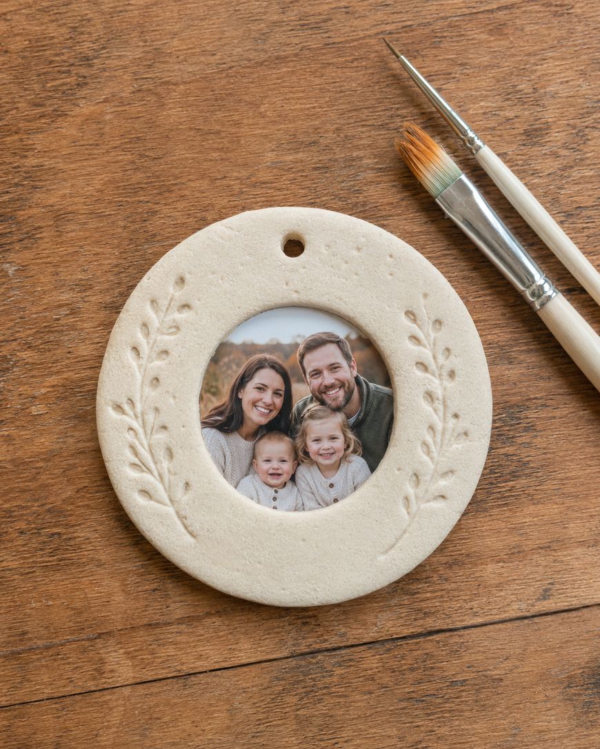 Round white clay ornament with a photo of a smiling family in the center, decorated with leaf imprints, placed on a wooden surface next to two paintbrushes.