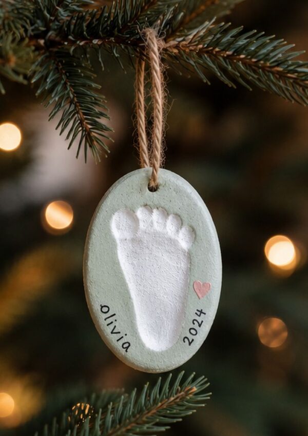 Oval ornament with a white baby footprint, pink heart, and the words olivia 2024, hanging from a pine tree with blurred lights in the background.