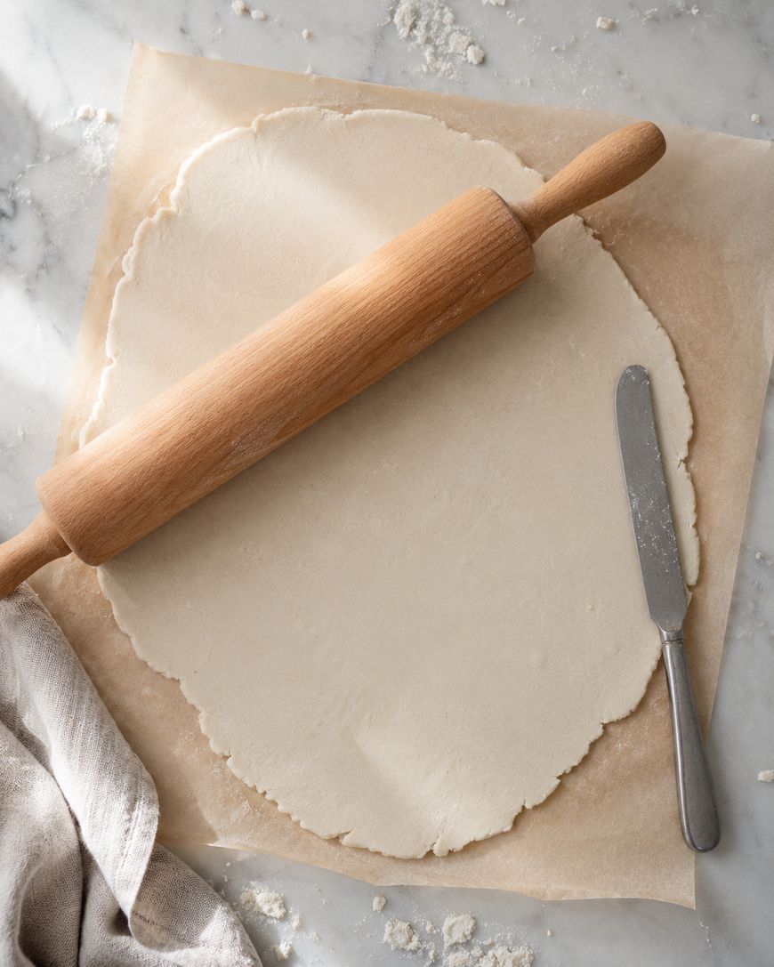 A wooden rolling pin rests on rolled-out dough atop parchment paper. A butter knife and a beige cloth are nearby on a marble surface with a dusting of flour.